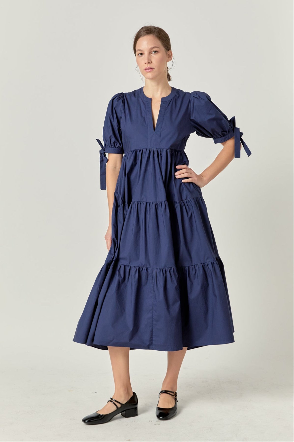 Tiered Midi Dress with Bow-Tie Sleeves