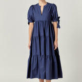 Tiered Midi Dress with Bow-Tie Sleeves