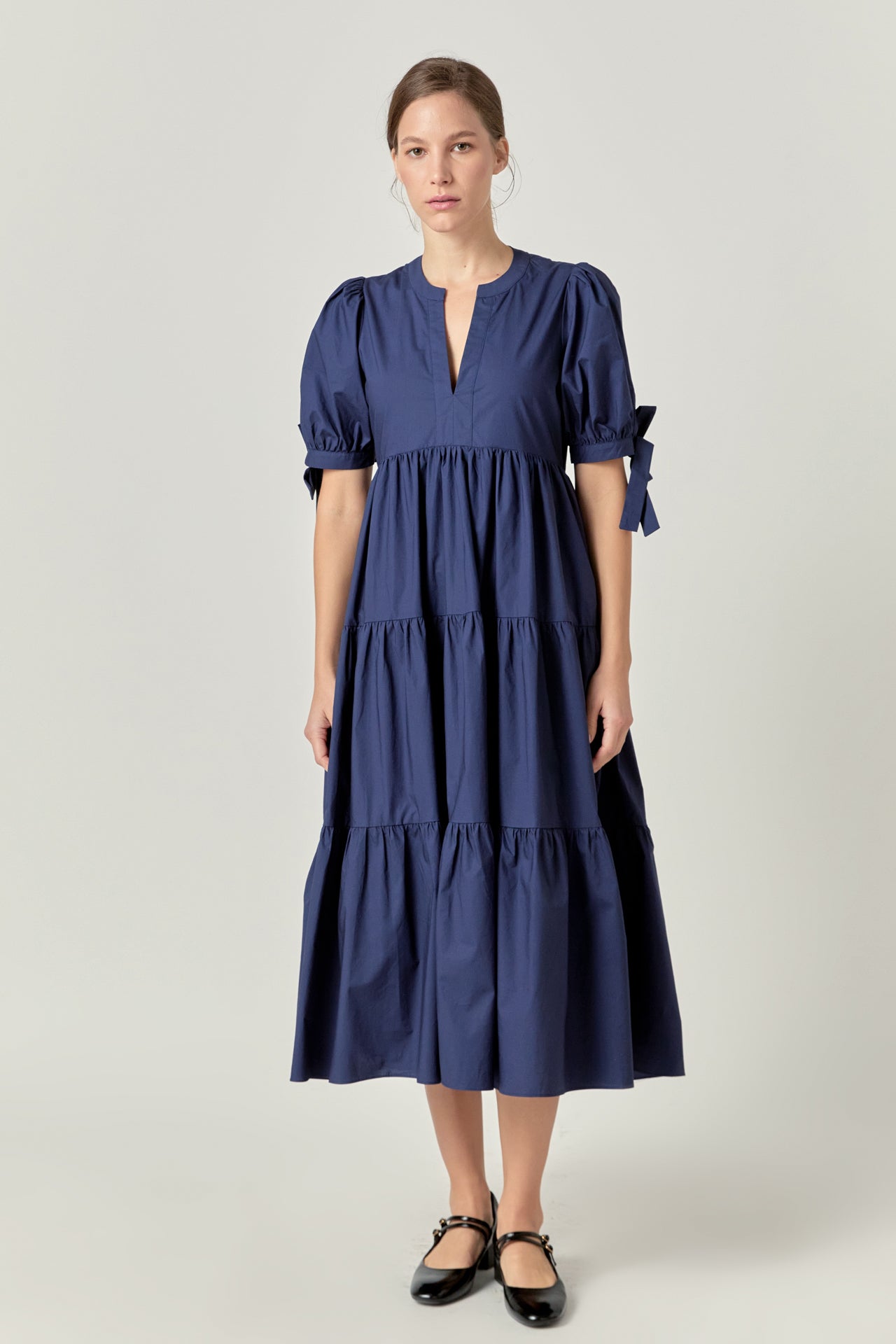 English Factory - Tiered Midi Dress with Bow-Tie Sleeves NAVY / S English Factory - Tiered Midi Dress with Bow-Tie Sleeves NAVY / S