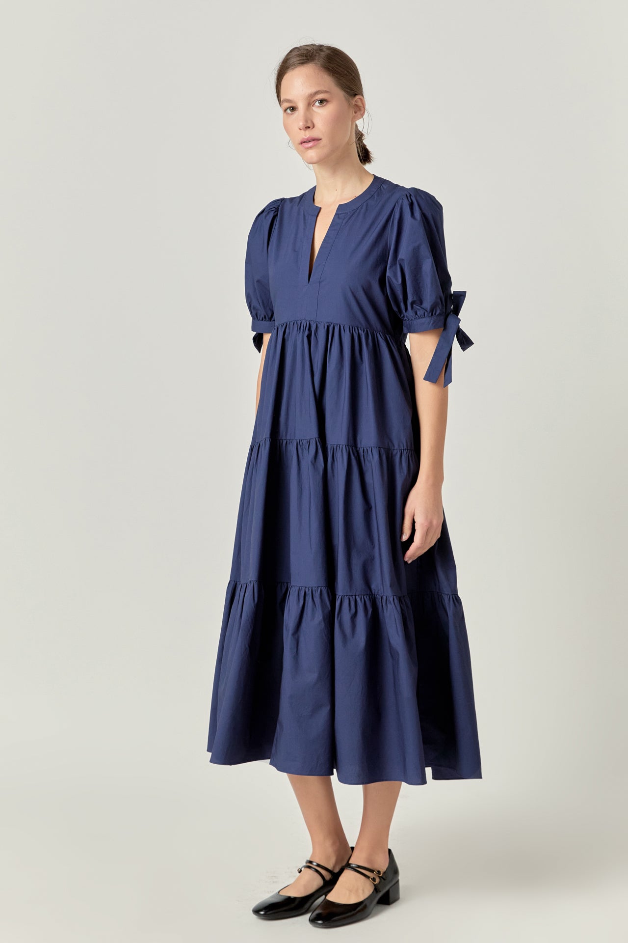 english factory blue dress English Factory Women's Flower Trim Striped Midi Dress