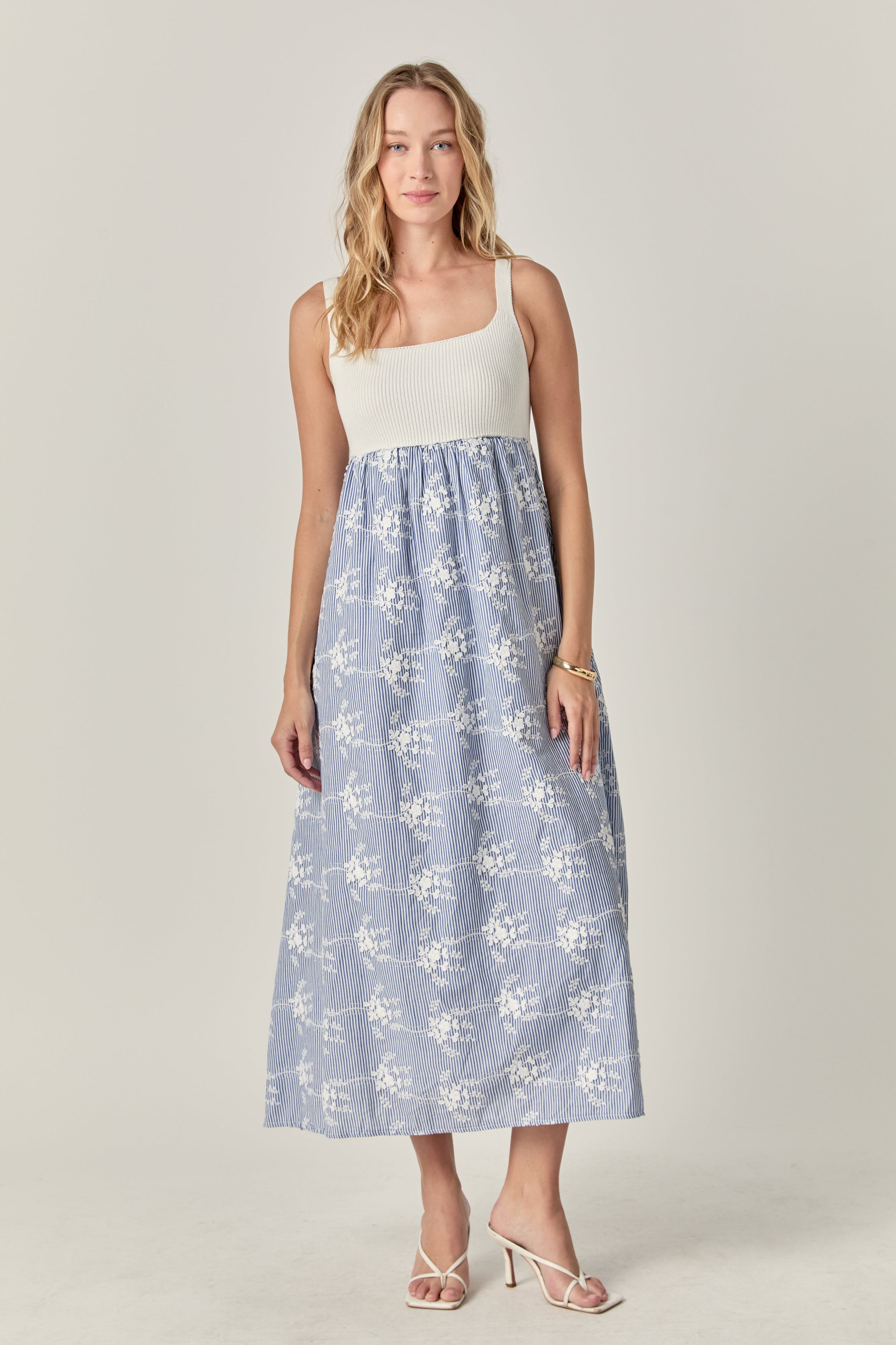 English Factory - Charlotte Mixed Media Midi Dress BLUE/WHITE / L English Factory - Charlotte Mixed Media Midi Dress BLUE/WHITE / L