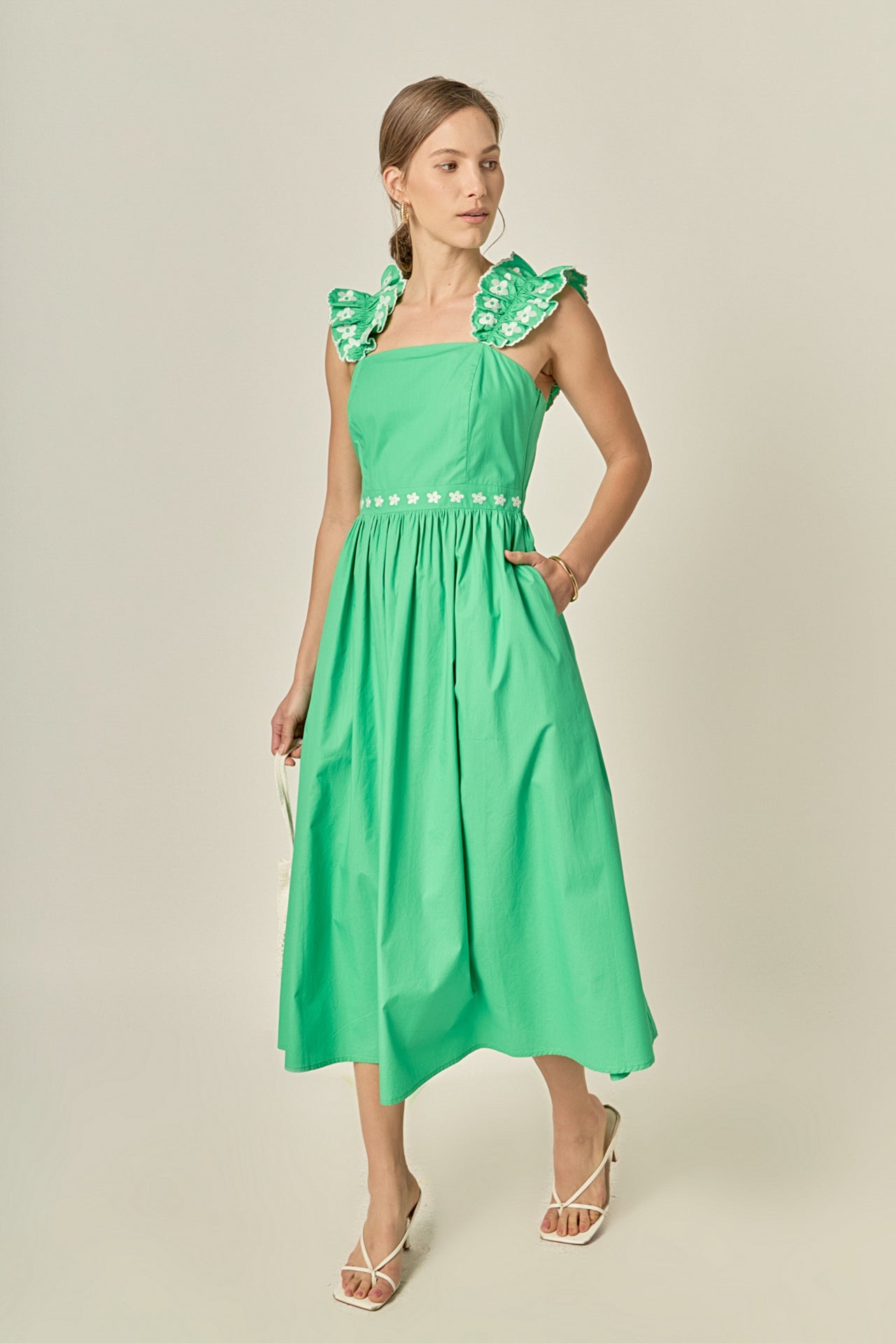 English Factory Women's Flower Embroidered Ruffle Midi Dress