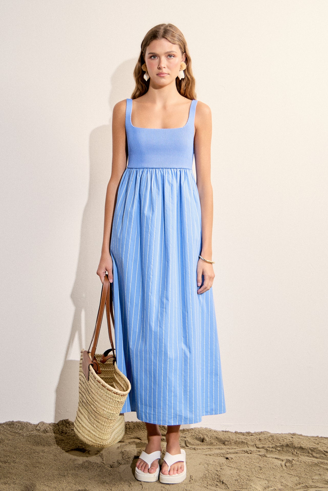 knee length dresses for ladies Contrast Stripe Knit Midi Dress (Navy, Black) Large / Black/White