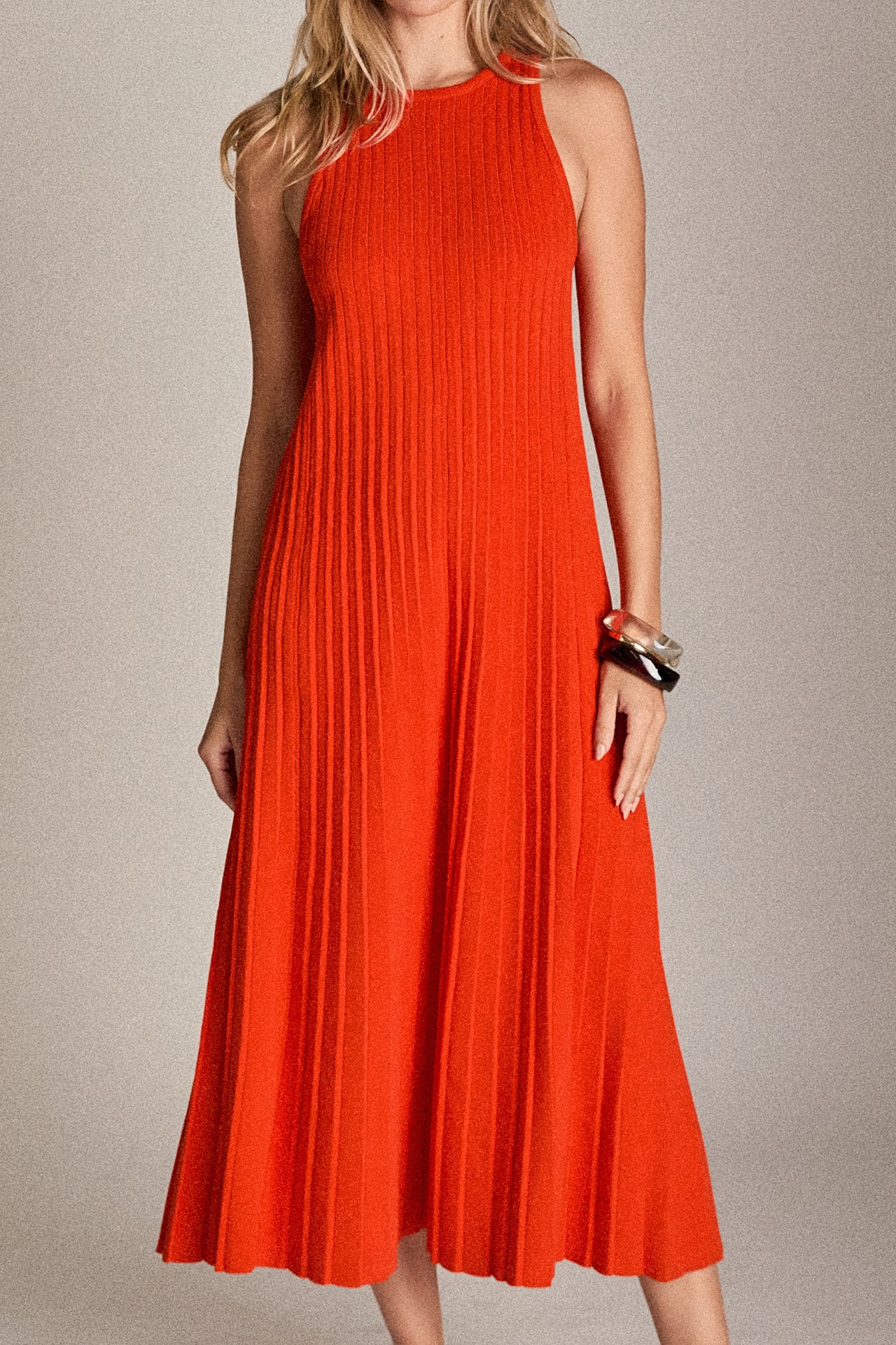 Pleated A-line Knit Midi Dress – English Factory