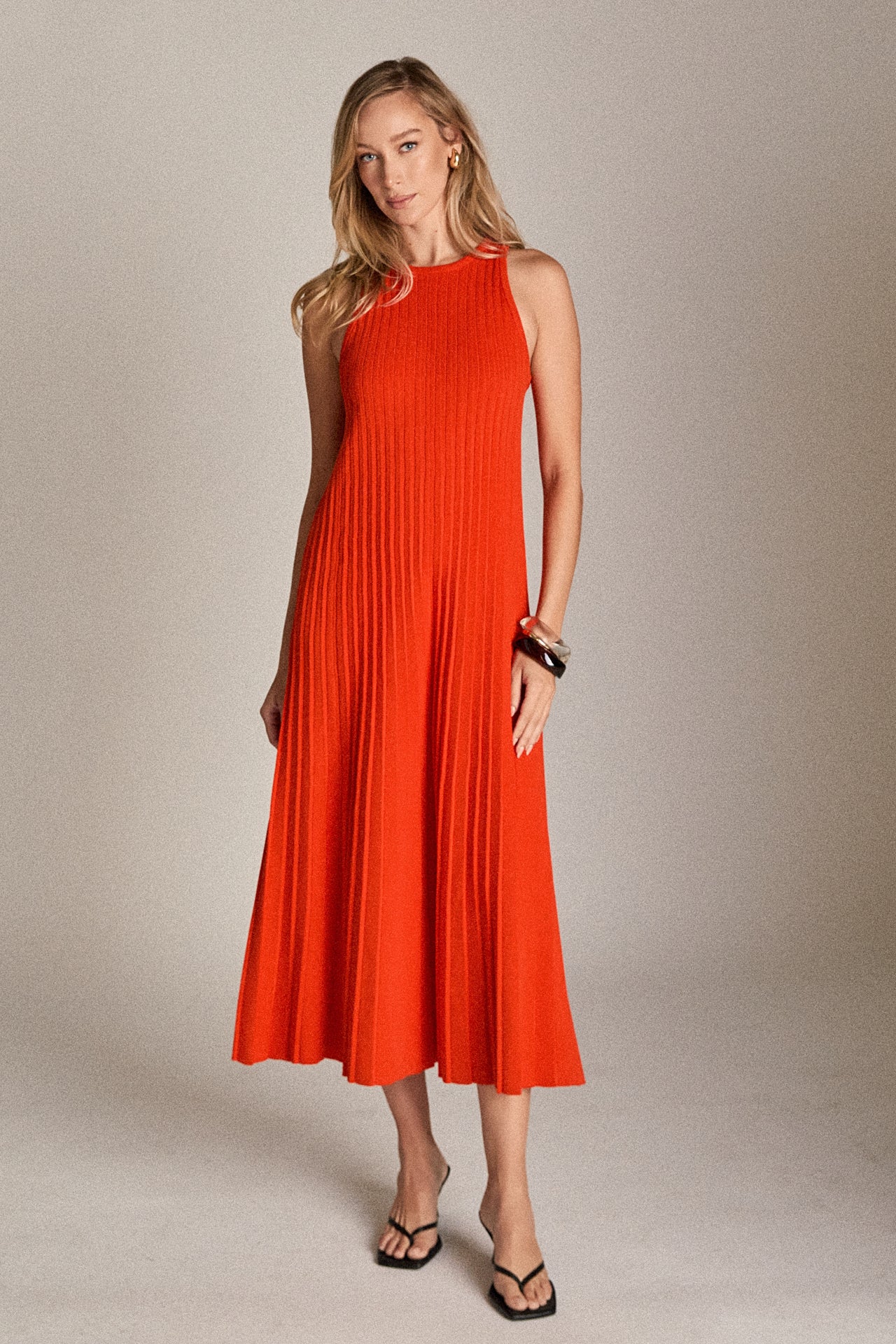 English Factory - Pleated A-line Knit Midi Dress ORANGE RED / XS English Factory - Pleated A-line Knit Midi Dress ORANGE RED / XS