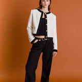 White and Black Collarless Tweed Jacket