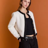 White and Black Collarless Tweed Jacket