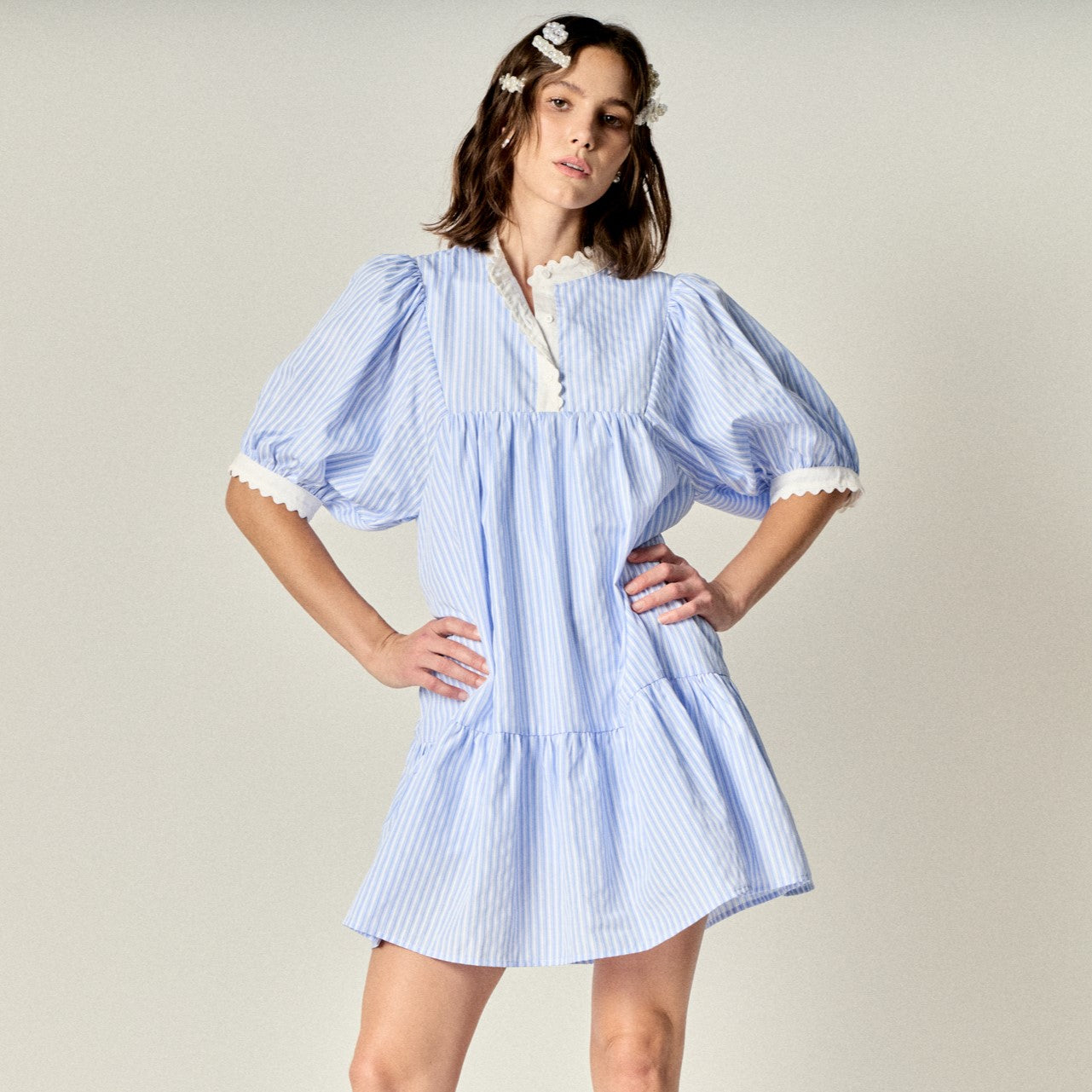 Scallop Trim Puff Sleeve Stripe Mini Dress