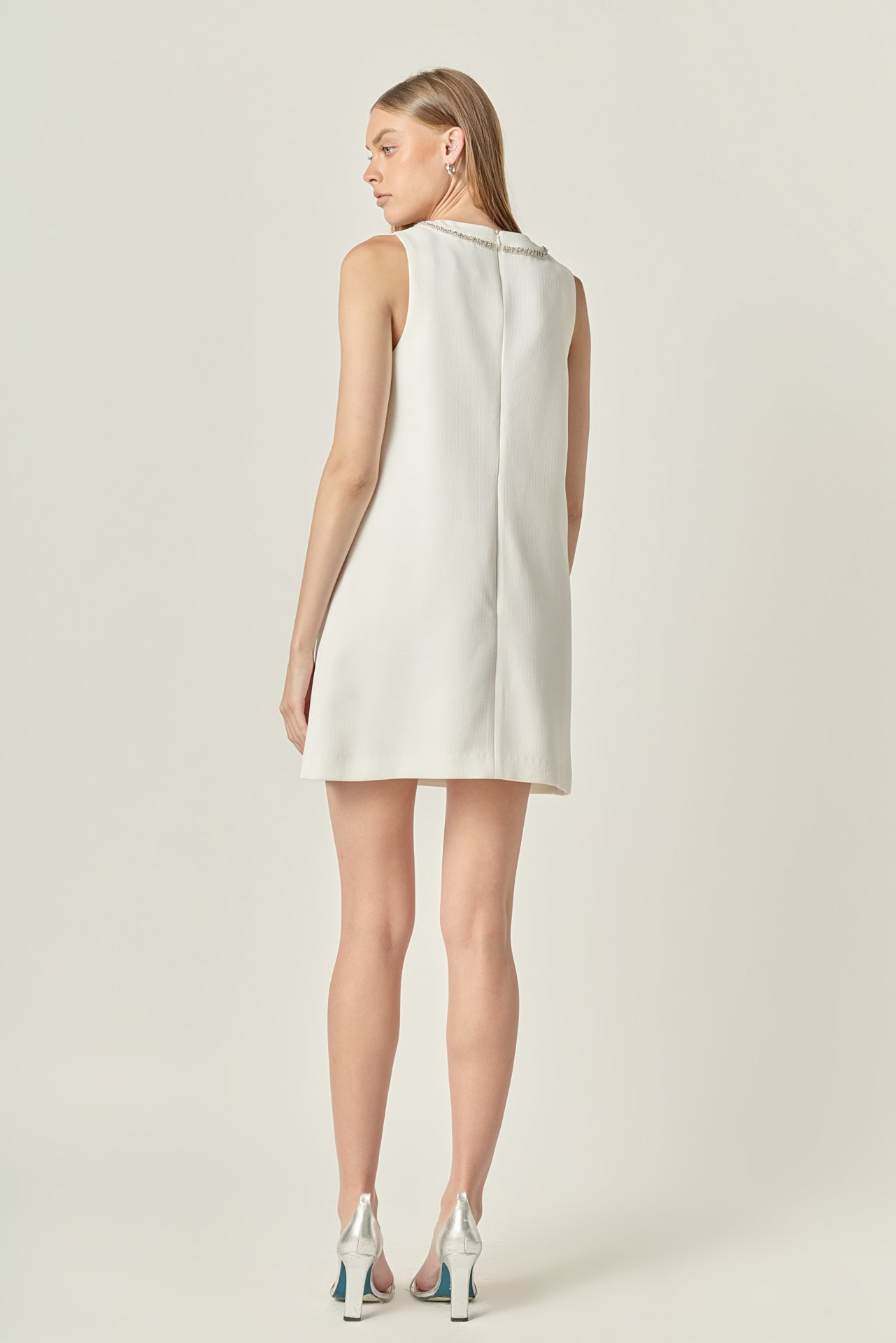 English Factory - Rhinestone Bow Embellished Mini Dress OFF White / M English Factory - Rhinestone Bow Embellished Mini Dress OFF White / M