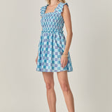 Smocked Square Print Ruffle Mini Dress