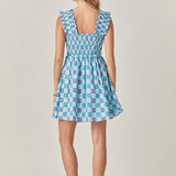 Smocked Square Print Ruffle Mini Dress