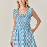 Smocked Square Print Ruffle Mini Dress