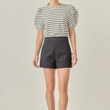 Striped Puff Sleeve Crewneck Top