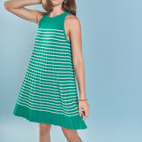 Pleated A-line Knit Stripe Mini Dress