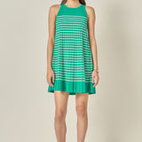Pleated A-line Knit Stripe Mini Dress