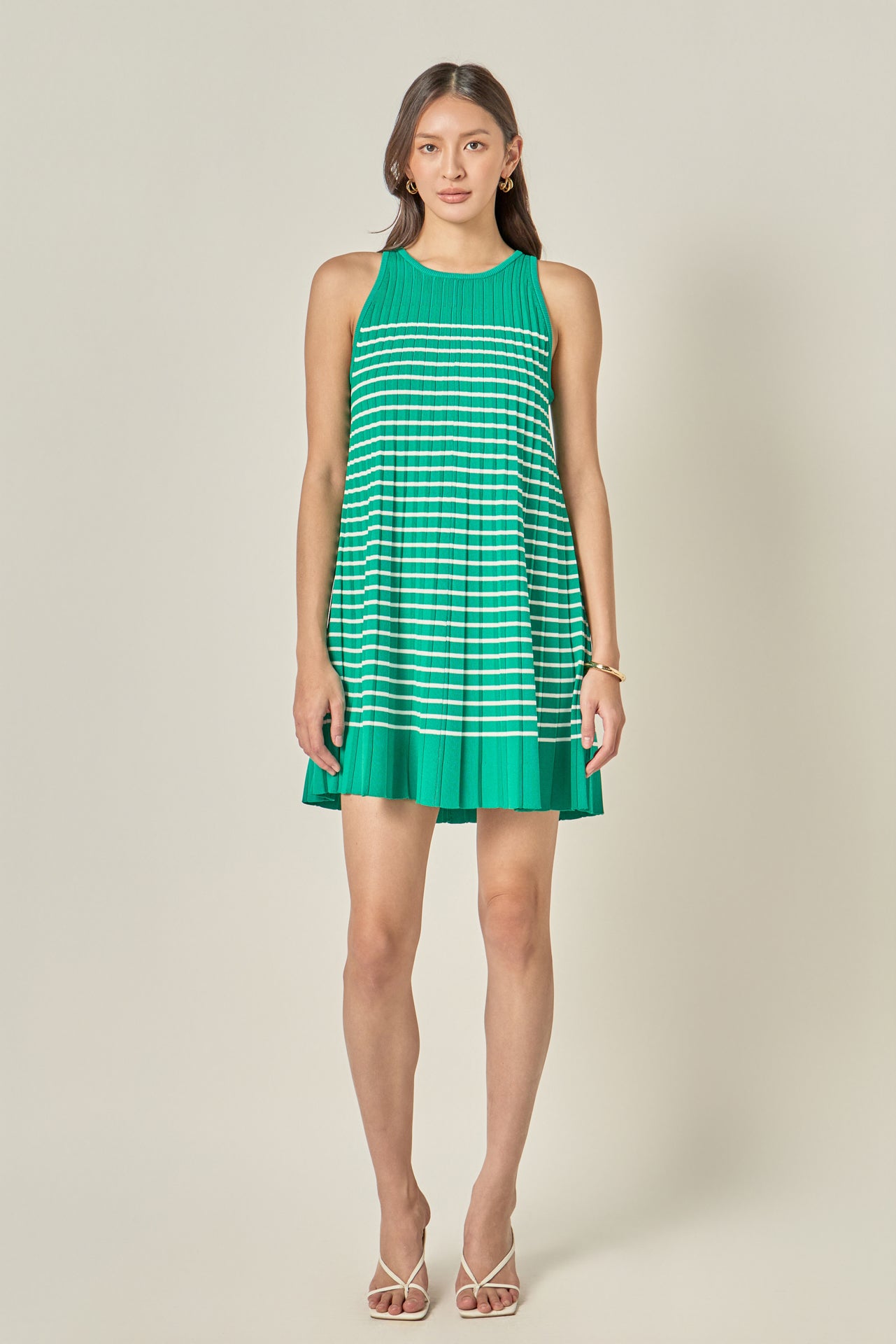 Pleated A-line Knit Stripe Mini Dress English Factory Pleated A-line Knit Stripe Mini Dress English Factory