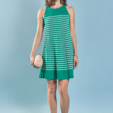 Pleated A-line Knit Stripe Mini Dress