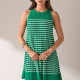 Pleated A-line Knit Stripe Mini Dress
