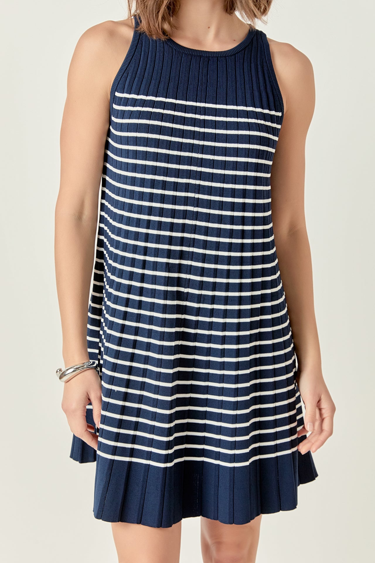 The Clara Pleated A-Line Knit Stripe Mini Dress Navy/White / S The Clara Pleated A-Line Knit Stripe Mini Dress Navy/White / S