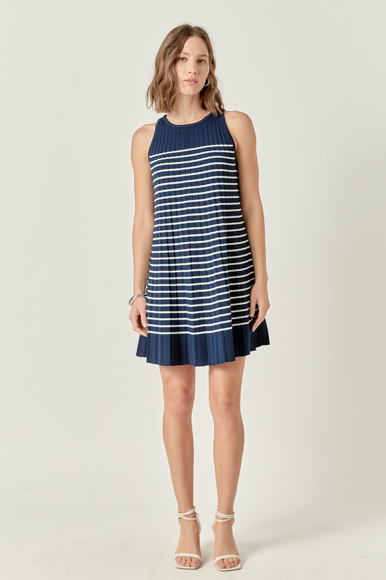 Clara Pleated A-line Knit Stripe Mini Dress
