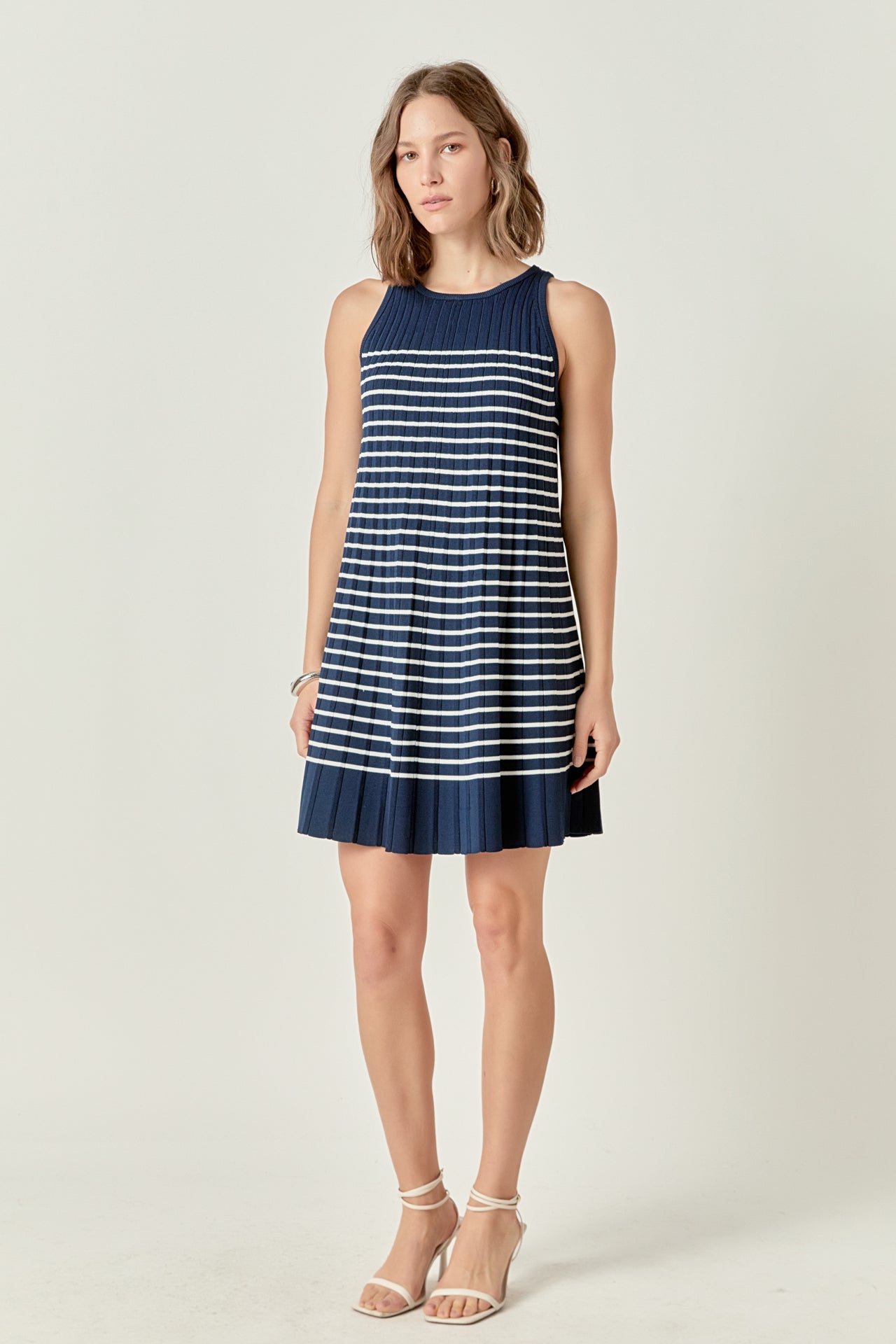 The Clara Pleated A-line Knit Stripe Mini Dress NAVY/WHITE / S The Clara Pleated A-line Knit Stripe Mini Dress NAVY/WHITE / S