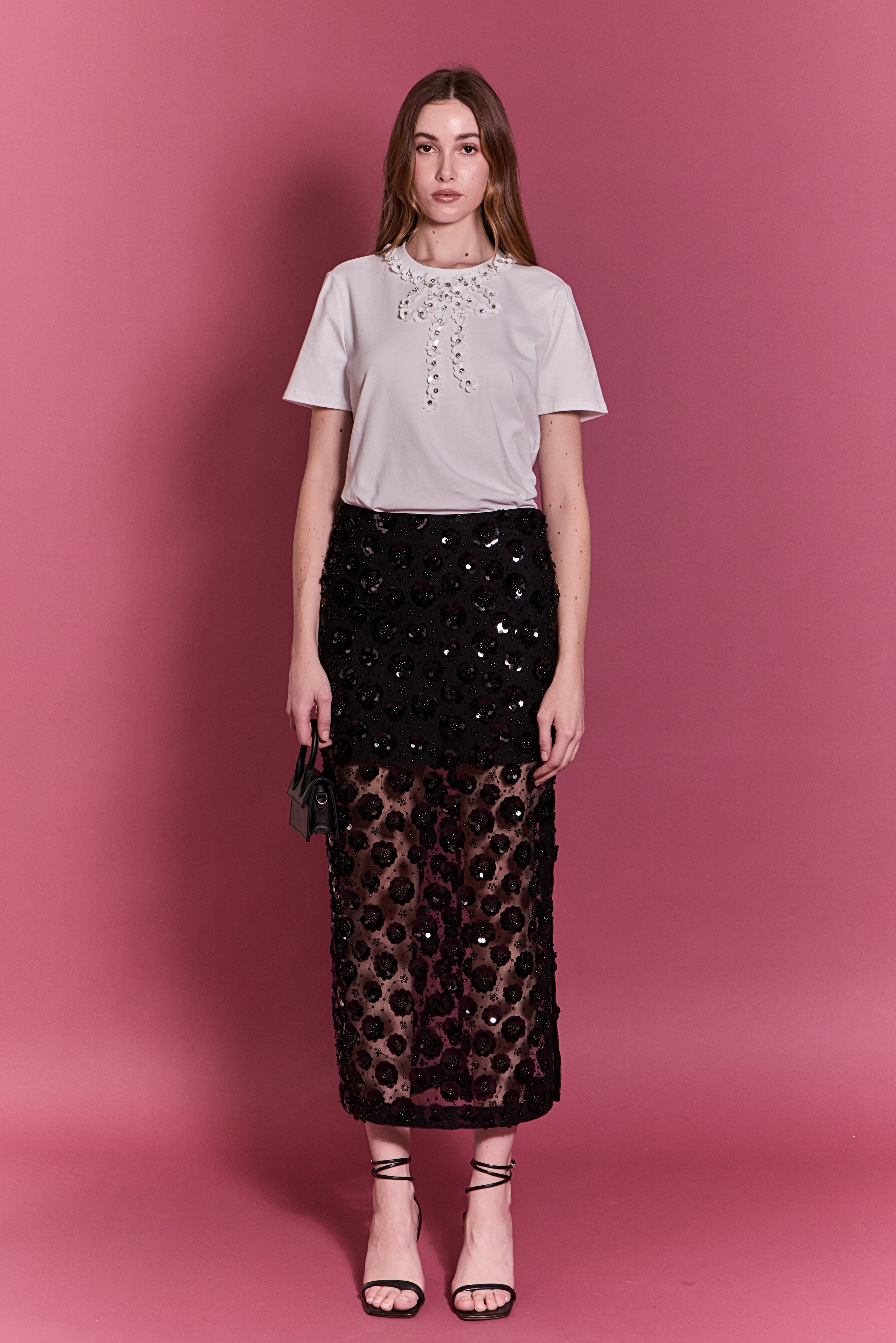 スカート overdue flair 25FW /FLOWER SEQUIN SKIRT Flower Sequin Sheer Midi Skirt – English Factory