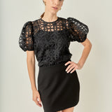 Floral Texture Puff Sleeve Top