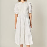 Mixed Media Embroidered Collar Midi Dress
