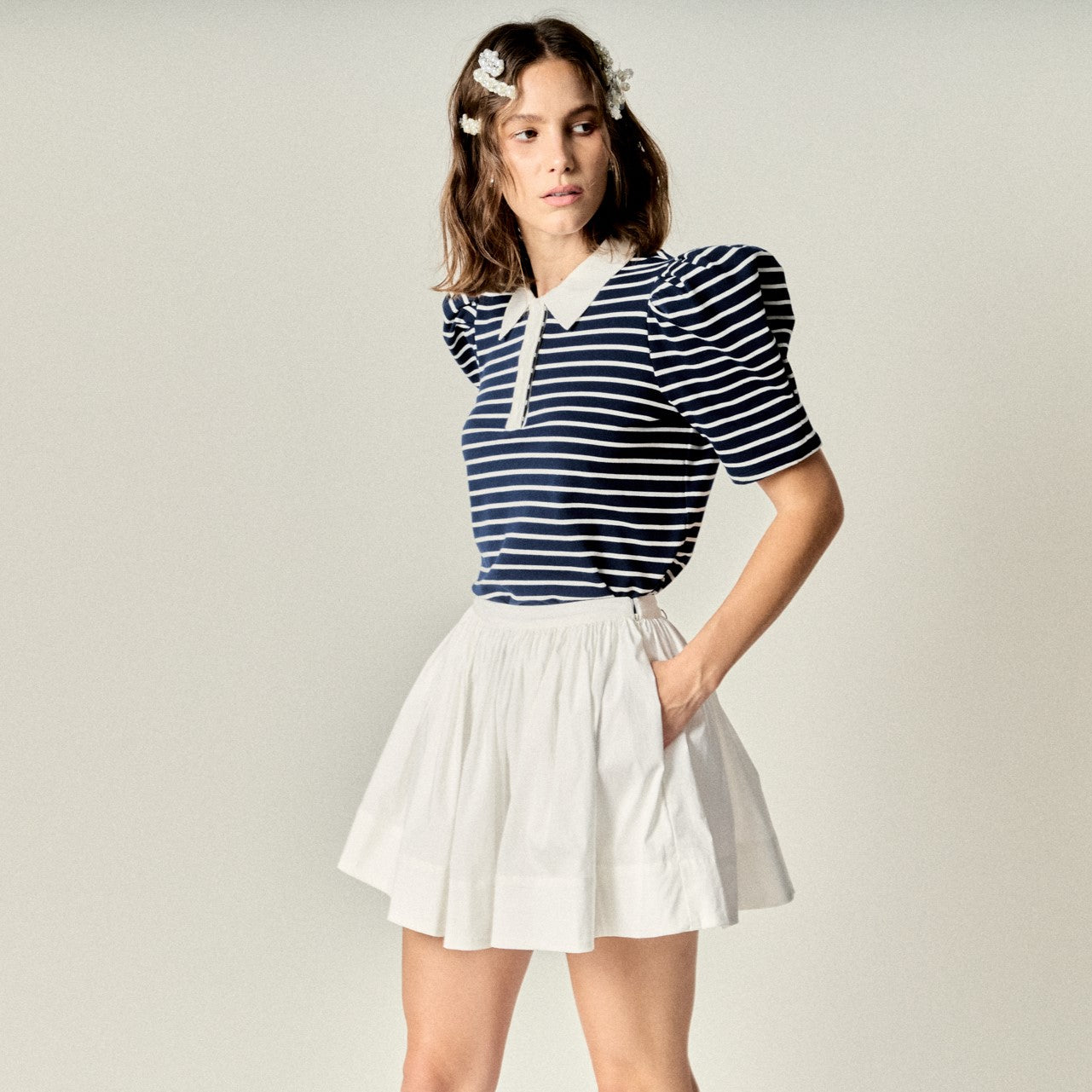 Puff Sleeve Polo Jersey Top
