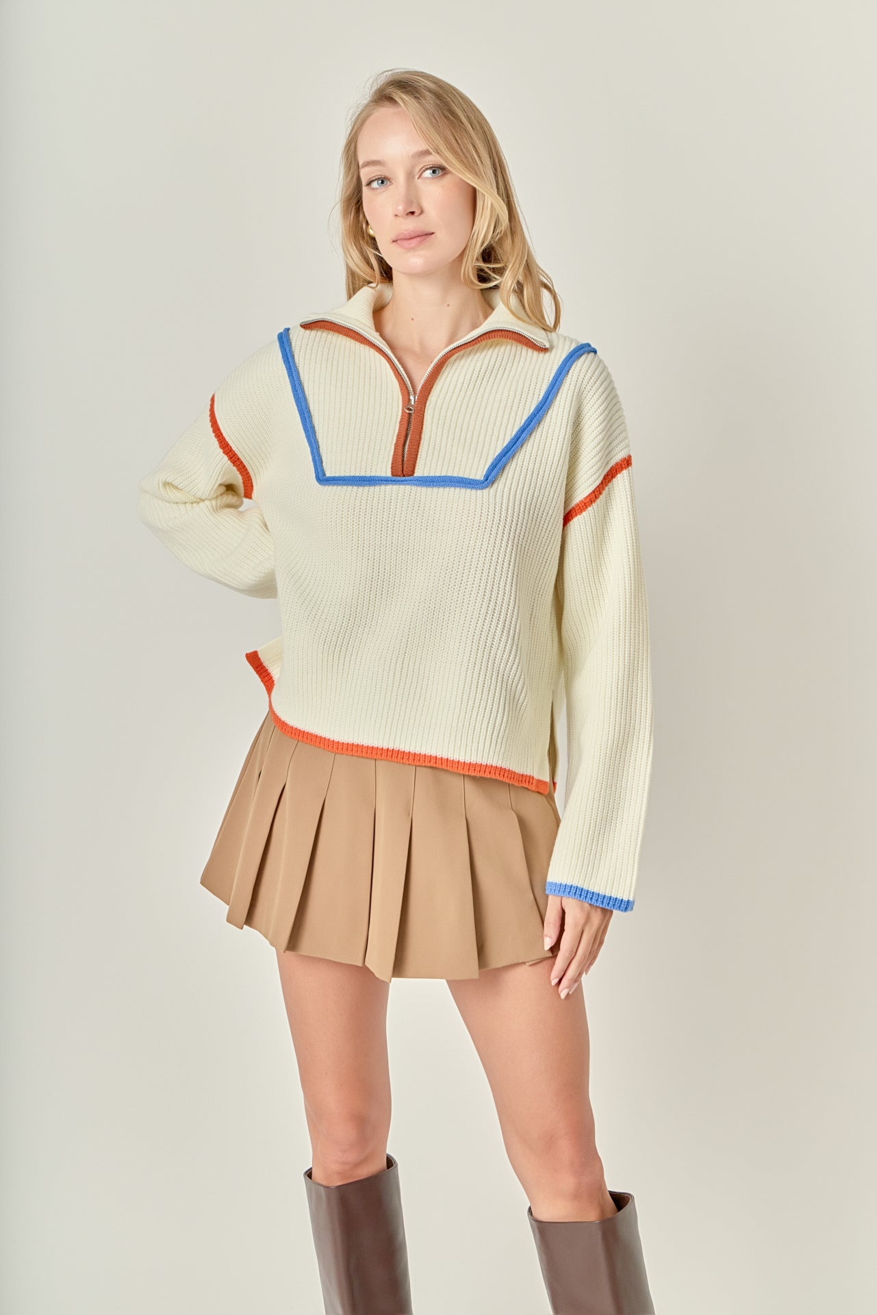 トイガン YY Contrast Piping Quarter Zip Sweater – English Factory