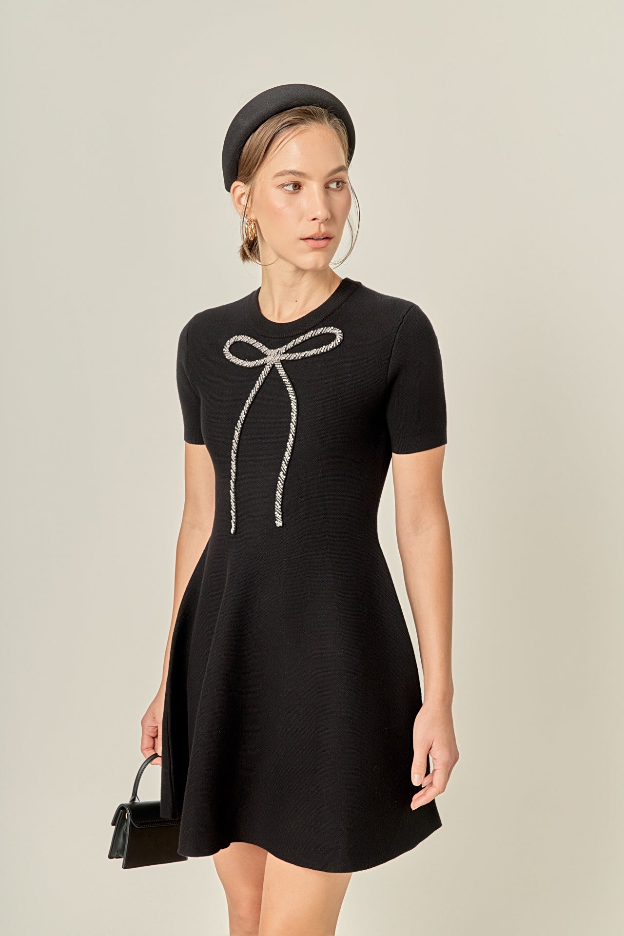 English Factory - Rhinestone Bow Knit Dress Black / XS English Factory - Rhinestone Bow Knit Dress Black / XS