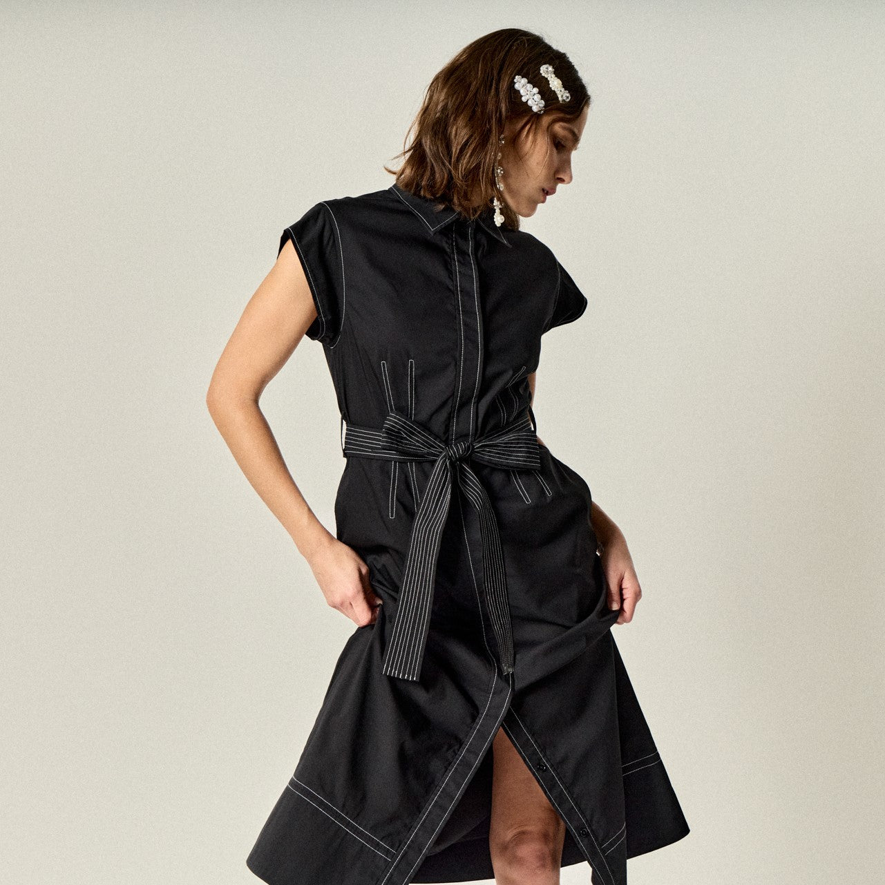 Contrast Stitch Poplin Shirt Midi Dress