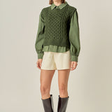 Mixed Media Cable Knit Shirt Top