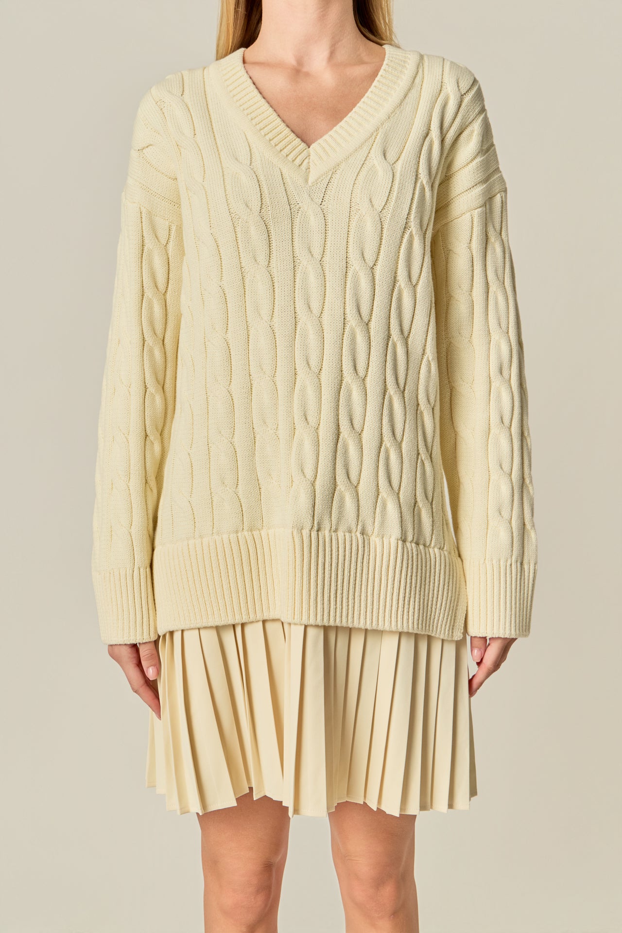 English Factory Women's Mixed Media Pleated V Neck Mini Dress - CREAM English Factory Women's Mixed Media Pleated V Neck Mini Dress - CREAM