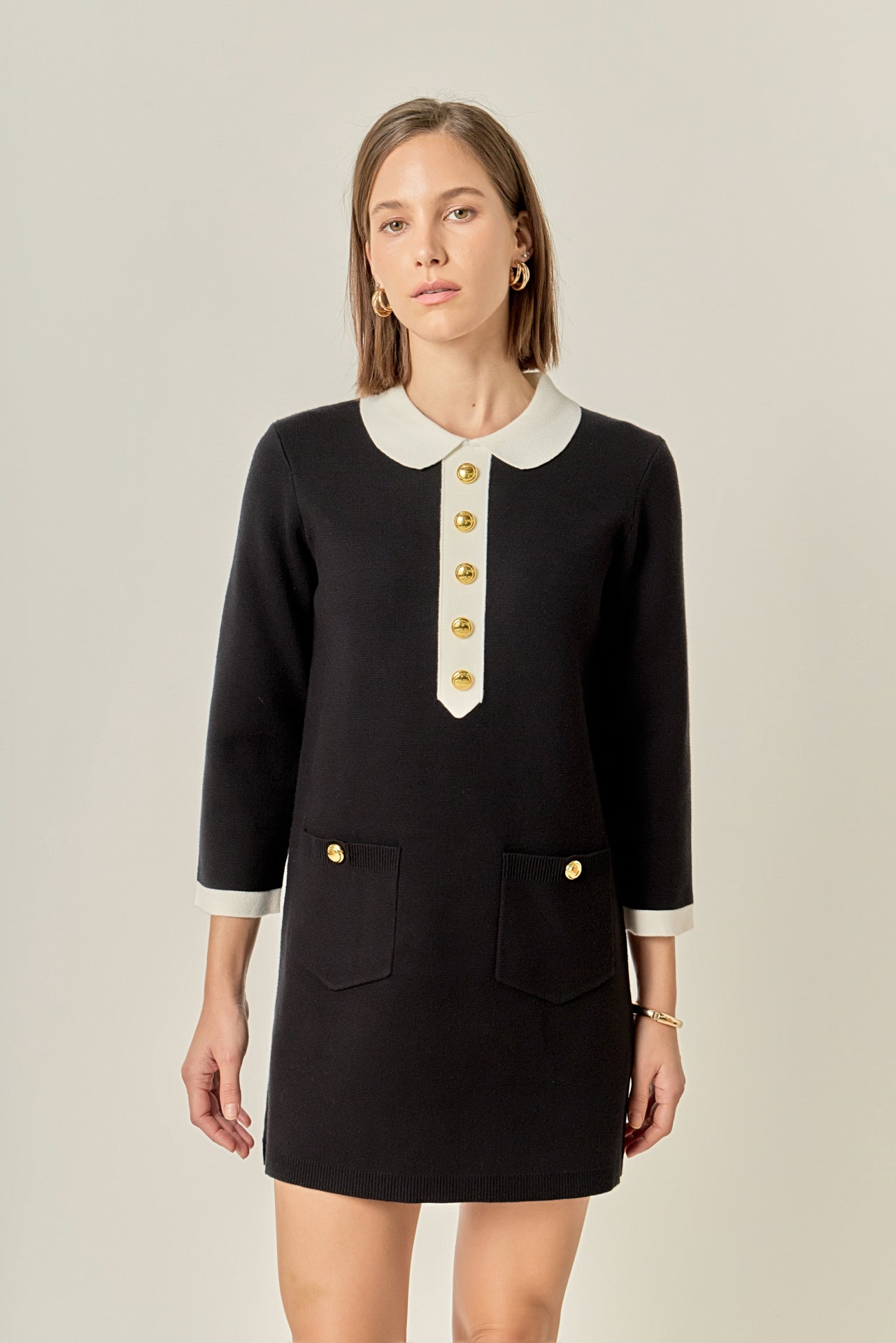 English Factory Women's Collar-Detail Combo Knit Mini Dress - BLACK/OFF White English Factory Women's Collar-Detail Combo Knit Mini Dress - BLACK/OFF White