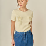 Short Sleeve Knit Top with Bow Detail