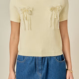 Short Sleeve Knit Top with Bow Detail