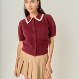 Lace Trimmed Puff Sleeve Knit Cardigan
