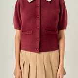 Lace Trimmed Puff Sleeve Knit Cardigan