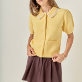 Lace Trimmed Puff Sleeve Knit Cardigan