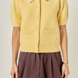 Lace Trimmed Puff Sleeve Knit Cardigan