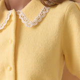 Lace Trimmed Puff Sleeve Knit Cardigan