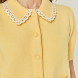 Lace Trimmed Puff Sleeve Knit Cardigan