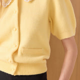 Lace Trimmed Puff Sleeve Knit Cardigan