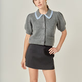 Lace Trimmed Puff Sleeve Knit Cardigan