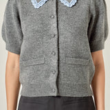 Lace Trimmed Puff Sleeve Knit Cardigan