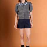 Lace Trimmed Puff Sleeve Knit Cardigan