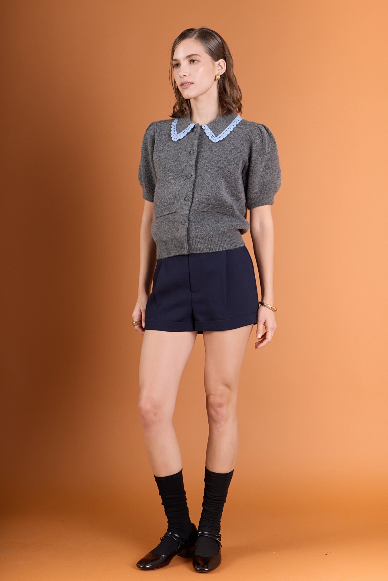 Lace Trimmed Puff Sleeve Knit Cardigan – English Factory