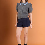 Lace Trimmed Puff Sleeve Knit Cardigan