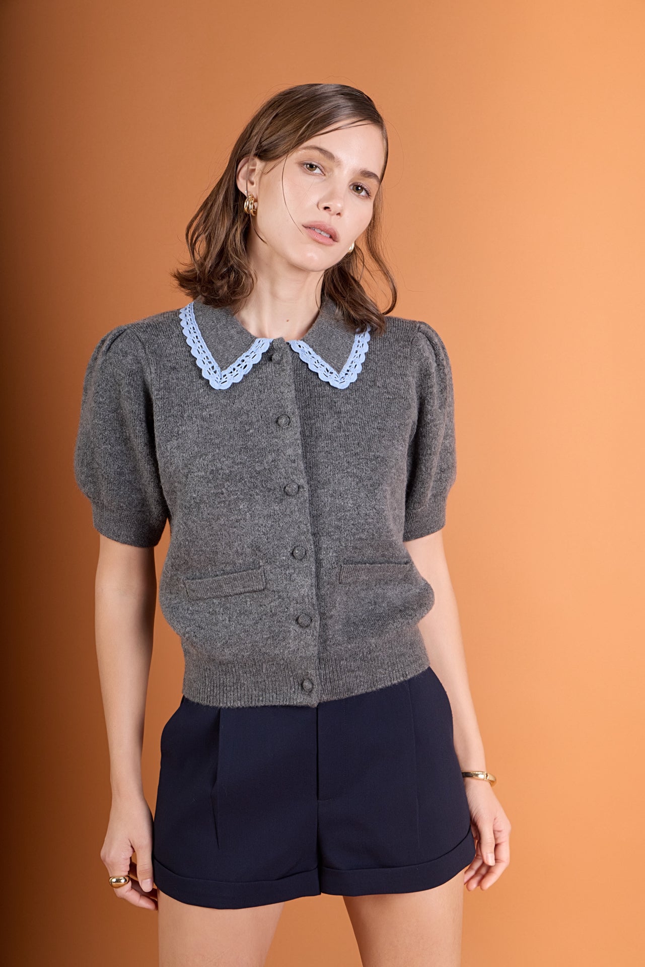 Lace Trimmed Puff Sleeve Knit Cardigan – English Factory